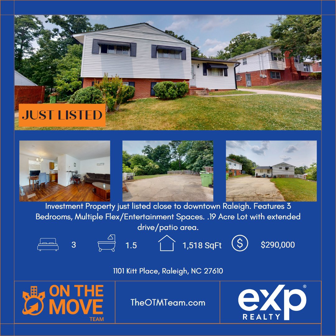 Investment Opportunity

📍 1101 Kitt Place, Raleigh
💲 $290,000
📏 1,518
🛏️ 3 Bedrooms
🛁 1.5 Bathrooms
🌳 .19 Acres
🚙 Extended Drive
See More at BuyMe2.com

#theOTMTeam #eXpRealty #REALTOR #JustListed #Raleigh #RaleighNC #RaleighHomesForSale #WakeCounty #BuyAHouse