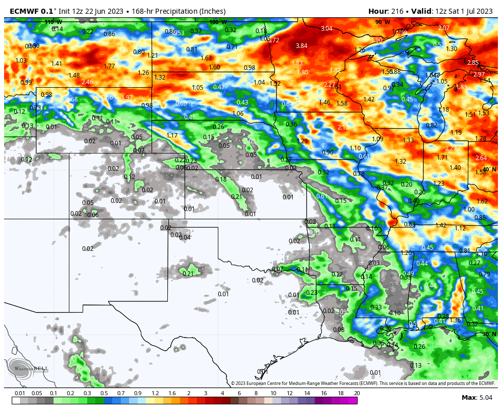 WxRiskGrains's tweet image. **US GRAIN WEATHER ALERT** -the 12z Thurs op ECMWF model has again  INCREASED the 10D rainfall totals  &amp;amp; coverage in the MIDWEST. This is  the 3rd run in a row the Euro has done this.

#agwx #oatt #corn #soybeans #wheat #grain  #Commodities #farming #agtwitter #Trendisyourfriend