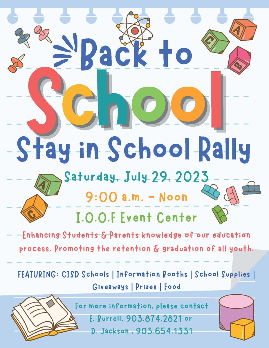 Ready to gear back up for school? A Back to School/Stay in School Rally is set for 9 a.m. Saturday, July 29, at the I.O.O.F. Event Center. Read more here: rb.gy/edb2g
