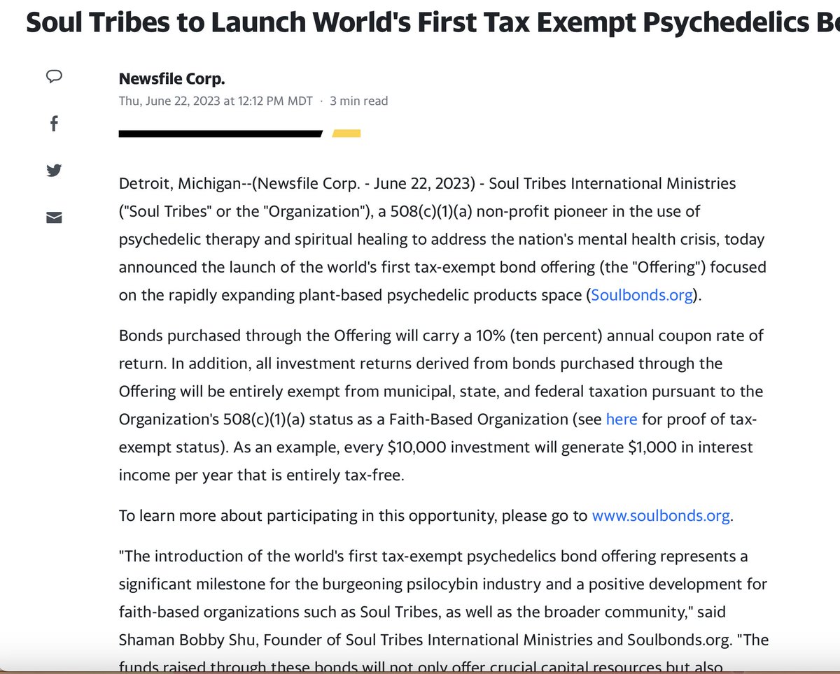 Soul Tribes Posted to Launch World's First Tax Exempt Psychedelics #Bond cutt.ly/0wtLO8Ap  #wsj #nytimes #business #IHub_StockPosts #forbes #marketwatch #cnn #bet #foxnews #ESPN #WGN #Investors #Benzinga #WolfOfWeedST #potstocks 
#SeekingAlpha
#psychedelic #tax-exempt