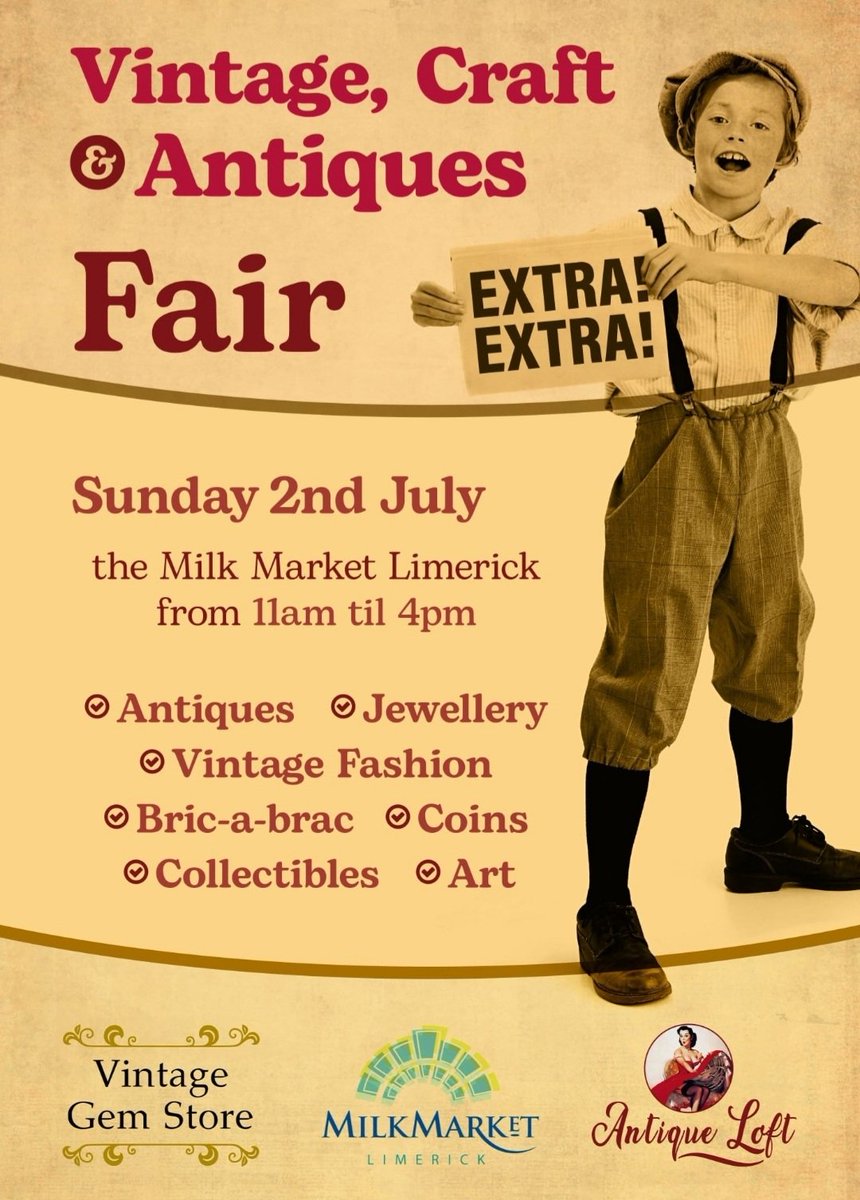 Looking forward to seeing you all on July 2nd for our bimonthly Antique & Vintage Fair
#antiqueshop #antiquefair #vintageshops #vintagefair #antiquesforsale #irishvintageseller #irishvintage #irishvintageshop #vintageshopping #limerickmilkmarket #limerickcity #limerick