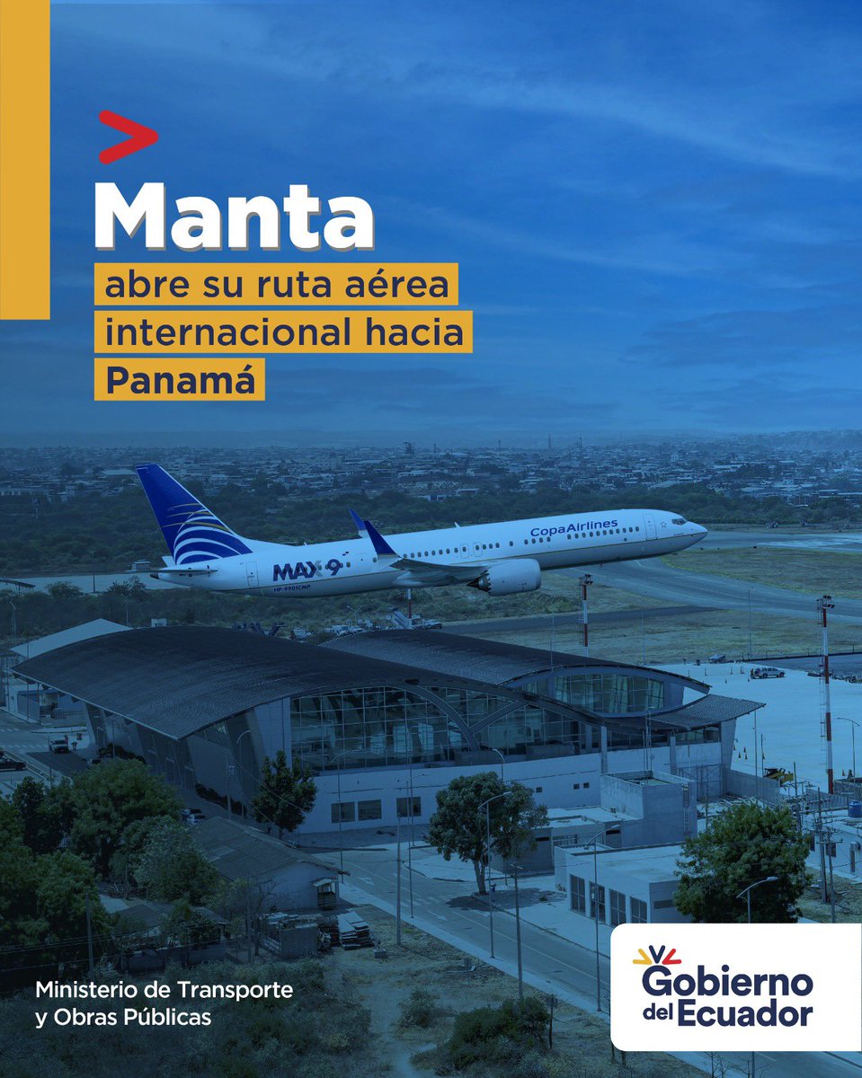 MIT_Ecuador's tweet photo. Ecuador cada vez más abierto al mundo. 🇪🇨✈️

El Aeropuerto Internacional General Eloy Alfaro de Manta cuenta con todos los servicios aeroportuarios para recibir operaciones domésticas e internacionales.

#ConectividadAéreaEc
#Copa2Manta https://t.co/HPe5ibGKxh