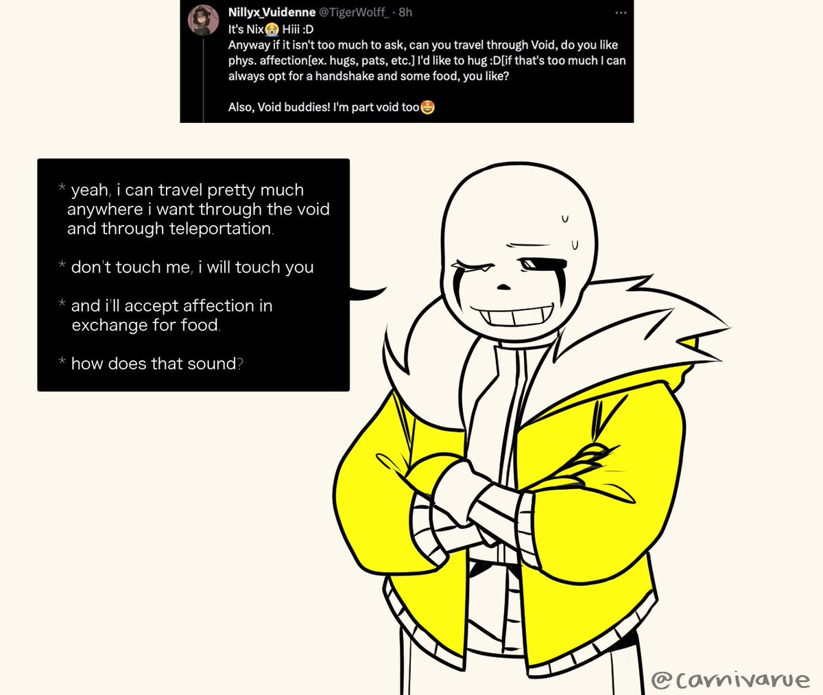carnivarue's tweet photo. Congrats on being the first to #askfatesans a question!
#fatesans #art #ama #undertale #undertaleAU #undertale_au #qna https://t.co/STOmtZYwnR