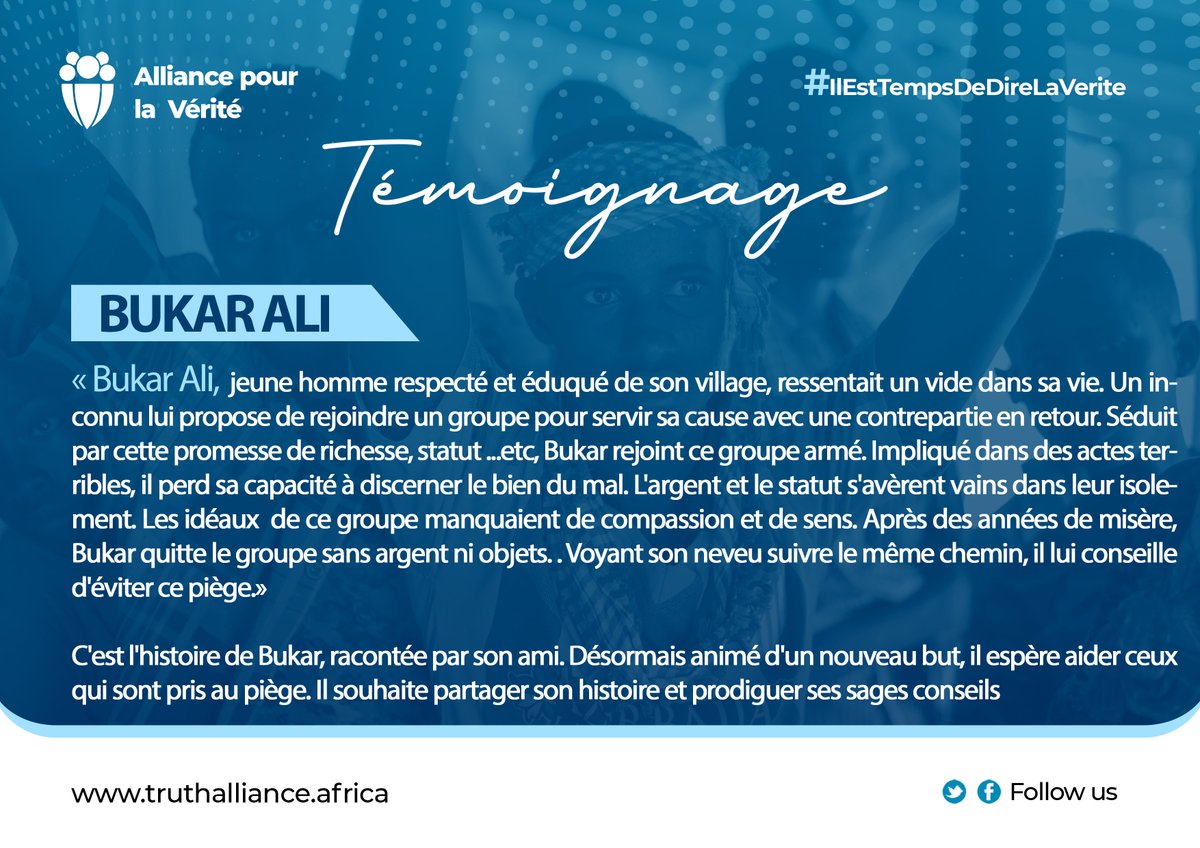 𝐓𝐞́𝐦𝐨𝐢𝐠𝐧𝐚𝐠𝐞 : l’histoire de Boukar Ali
Plusieurs jeunes ont été attirés par des groupes violents dans nos pays, mais certains ont réussi à les quitter et ils racontent souvent leur expérience de trahison et de tragédie.

L'Alliance de la société civile du #Nigeria et du