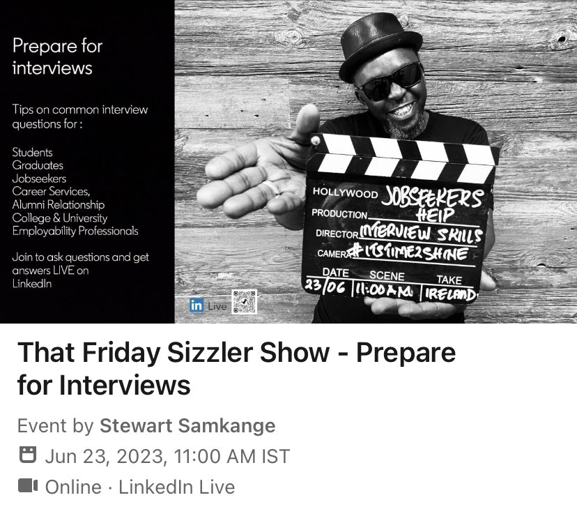 I'm hosting on @LinkedIn ‘That Friday Sizzler Show ⭐️ Prepare for #Interviews’ 

A show 2 help #jobseekers #students #graduates #careerservices #alumnirelationship #university #college #hr #recruiters & YOU! 🤷🏽‍♂️ 
Would YOU like 2 attend?

linkedin.com/video/event/ur… #itstime2shine 🌍