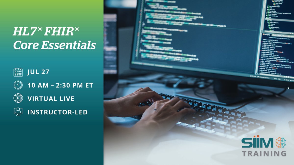 SIIM (@siim_tweets) on Twitter photo A deep understanding of FHIR architecture & components is key for effective #MedicalImaging workflows. Join <a href="/mohannadhussain/">Mohannad Hussain</a> for the #SIIMTraining #HL7FHIR Core Essentials course for hands-on experience!
Jul 27 | 10AM-2:30PM ET | Virtual
Register | ecs.page.link/oR4E2 A deep understanding of FHIR architecture & components is key for effective #MedicalImaging workflows. Join <a href="/mohannadhussain/">Mohannad Hussain</a> for the #SIIMTraining #HL7FHIR Core Essentials course for hands-on experience!
Jul 27 | 10AM-2:30PM ET | Virtual
Register | ecs.page.link/oR4E2