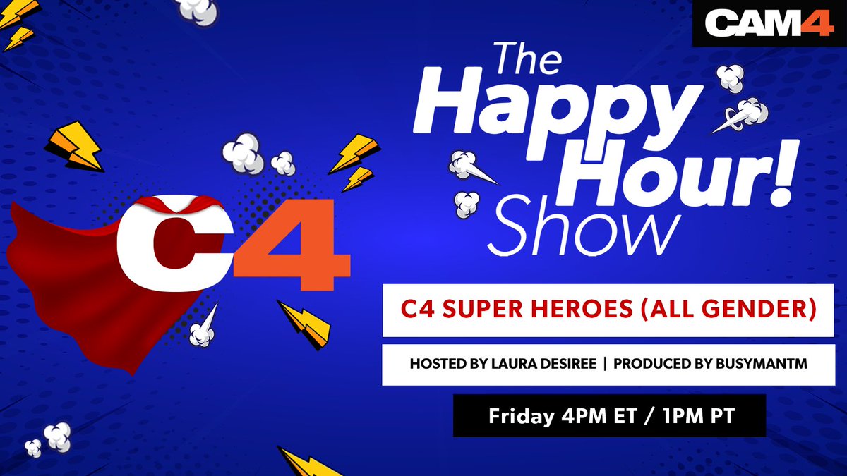 NOT ALL HEROES WEAR CAPES 👊🏻💥

TOMORROW 
FRI, JUNE 23RD
4pm ET / 1pm PT 
cam4.com/cam4happyhour 

Join us for our special All Gender “C4 SUPER HEROES” 🦸🏻‍♂️🦹🏼‍♂️ edition of <a href="/CAM4HappyHour/">CAM4 Happy Hour</a> w/ host <a href="/TheLauraDesiree/">Laura Desiree</a> &amp; @BusyManTM 🔥 ft <a href="/Smashash55/">Journey Daze</a> @IWazSoaking @RonDickulous42 @IanMacroyK