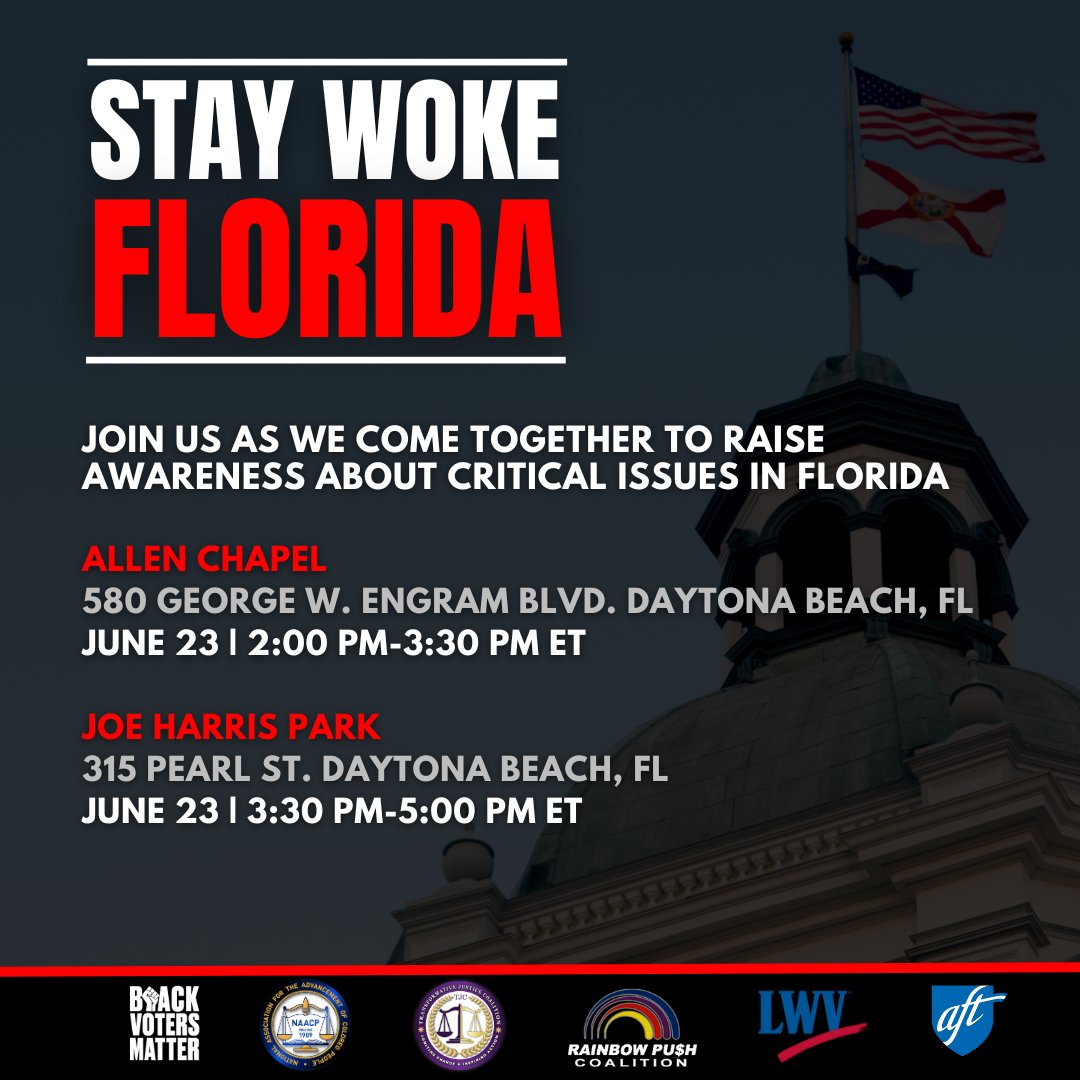 BlackVotersMtr's tweet photo. Join us, Black Voters Matter and partners, for a powerful rolling protest in Florida! Let's stand up against the suppression of democracy, fight for inclusive education, and protect academic freedom. Together, we can make our voices heard and ignite change! #BlackVotersMatter ✊🏾 https://t.co/sFEQeT8w5H