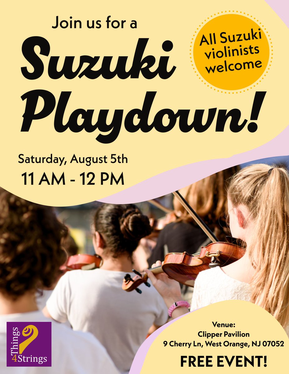 Things4Strings's tweet image. Mark your calendars for the Norther NJ Suzuki Book 1 Playdown on August 5th! A great opportunity for Suzuki students, alums and teachers alike. Let's make music together! #SuzukiMusic #NorthernNJ #Playdown #MusicEducation #BetterSkillsGreaterJoy