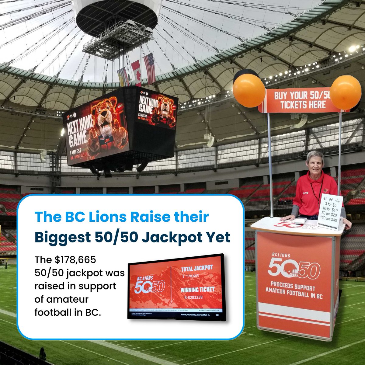 W-O-W! We're celebrating a new team record jackpot set by <a href="/BCLions/">BC LIONS</a> and  <a href="/BCFC_Media/">BCFootballConference</a> at their Home Opener on Saturday! The massive $178,665 jackpot was raised to support amateur football in BC. #RoarLikeNeverBefore

GO #BCLions !