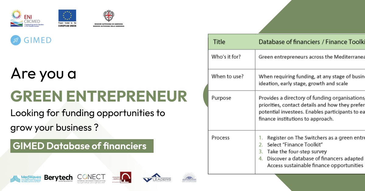 🔔 Are you a green entrepreneur looking for funding opportunities to grow your business? 
⭐️🚀Check out the 𝐅𝐢𝐧𝐚𝐧𝐜𝐞 𝐓𝐨𝐨𝐥𝐤𝐢𝐭 for Green Entrepreneurs in the Mediterranean!
📋 Explore the Finance Toolkit here: bit.ly/3XsVT1W
@ENICBCMed 
#GIMED #GOMED #finance