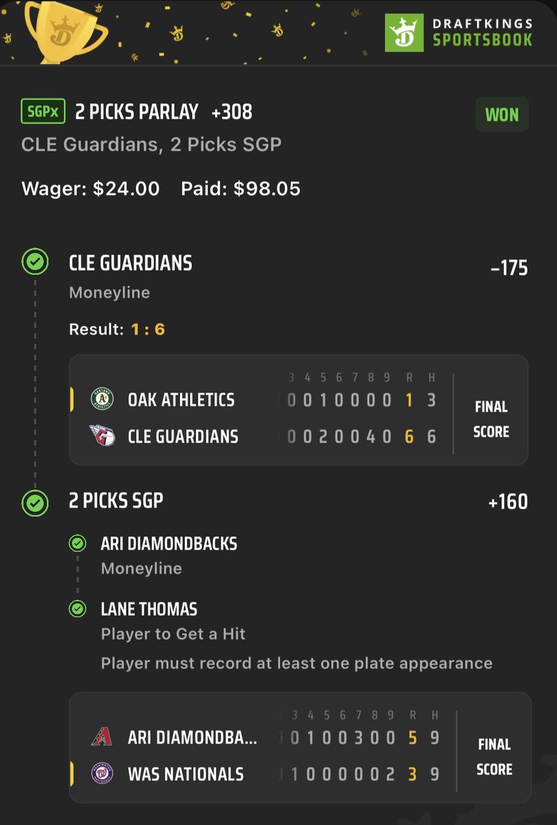 💸⚾️ CASH DAY 2 - LADDER CHALLENGE 🪜🪜🪜🪜🪜
@BetRecaps @MJCLocks @__LordPenguin 

$24 ➡️ $98 (we are halfway to $2k)

#LadderChallenge #MLBPicks #sportsbettingtwitter #GamblingTwitter