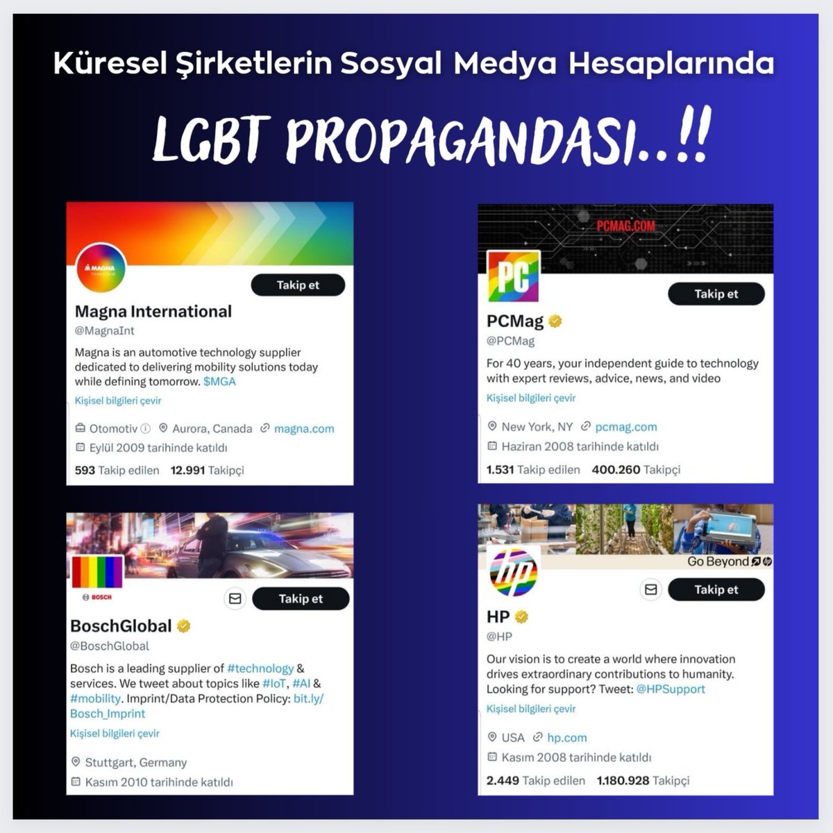 Küresel Şirketler sosyal medya hesaplarında LGBT propagandası yapmaya başladı.

📍HP
📍Bosch Global 
📍PCMag
📍Magna İnternational

Ülkemizi ve gençliğimizi LGBT fitnesine asla kurban etmeyeceğiz..!!!

Şartlar, koşullar her ne olursa olsun LGBT ile mücadele etmeye devam edeceğiz.