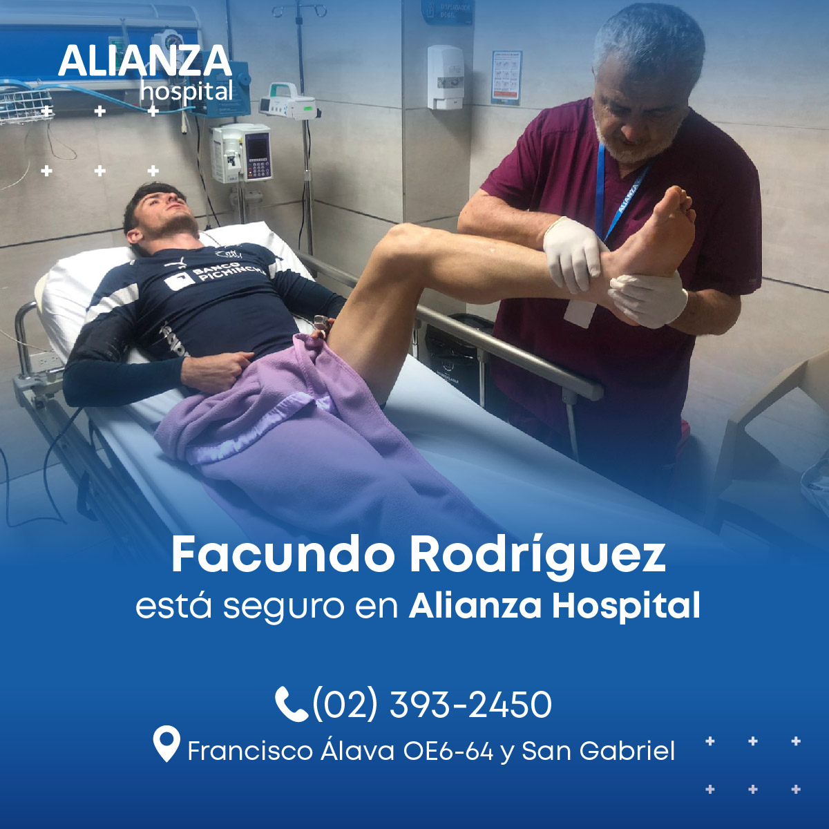 El jugador Facundo Rodríguez @LDU, se encuentra en buenas manos para ser evaluado @AlianzaHosp. 
¡Los mejores están en Alianza Hospital! 💙🤍
.
.
.
#Alianza #Hospital #LDU #Quito