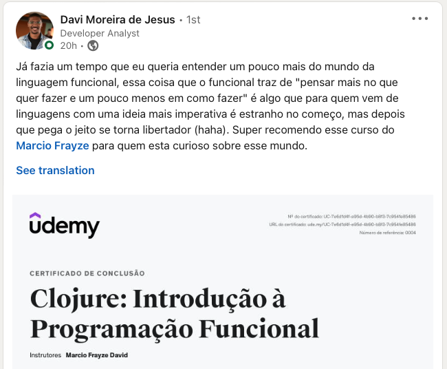 marciofrayze's tweet image. Quem disse que não tem post bom no linkedin??

Fico muito feliz com este tipo de retorno!

#Clojure