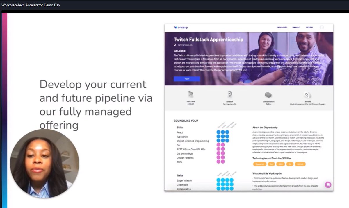 DCasha's tweet image. OnRamp focuses on increasing diversity of technical hires through apprenticeships - 1 month virtual, 6 months onsite #2023demoday #futureofwork #DEI
