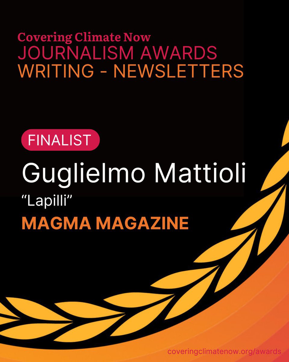 Magma’s monthly newsletter #Lapilli among the finalists for Covering Climate Now, together with Down to Earth (<a href="/guardian/">The Guardian</a>) and Boiling Point (<a href="/latimes/">Los Angeles Times</a>). 
📩 Subscribe to bit.ly/LpLIT to receive next Lapìlli! 

@magazine_magma <a href="/CoveringClimate/">Covering Climate Now 🦋 @coveringclimate.org</a> #Magma