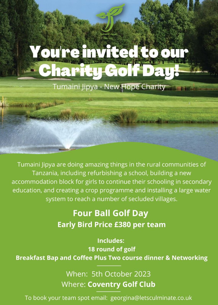 Please come along and support our charity event. Opportunity for a great day of golf, networking, team building or just leisure whilst helping those less fortunate. 
Price for team £380
Price for sponsorship of hole from £150
Please contact georgina@letsculminate.co.uk