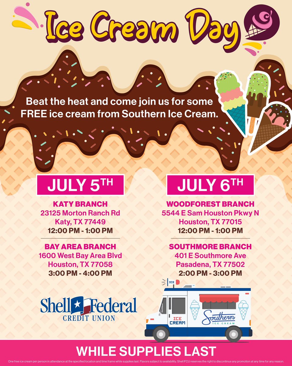 shellfcu's tweet image. You scream, I scream, WE ALL SCREAM FOR ICE CREAM! 🍦

We’re partnering up with Southern Ice Cream to give out FREE ice cream at the branches listed on July 5th &amp;amp; 6th! Beat the heat and join us! ☀️

#ShellFCU #GrowingTogether