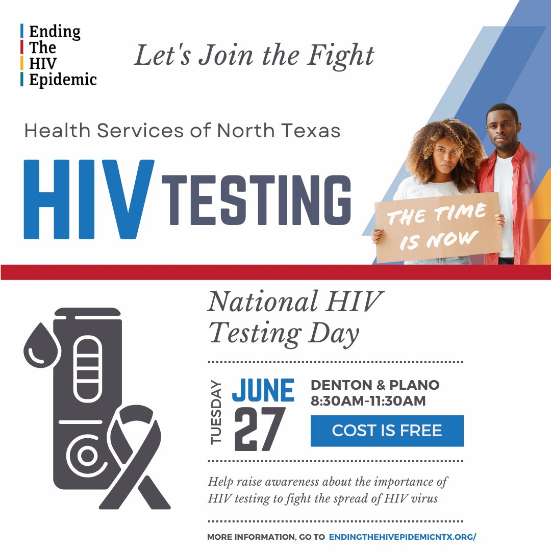 Mark your calendars for this important event on June 27th, 2023 from 8:30 am to 11:30 am. Take charge of your health and get tested. Together, we can create a healthier and more informed community.

📍 4304 Mesa Drive in Denton
📍 HSNT Plano

#NationalHIVTestingDay #HSNT #EHE