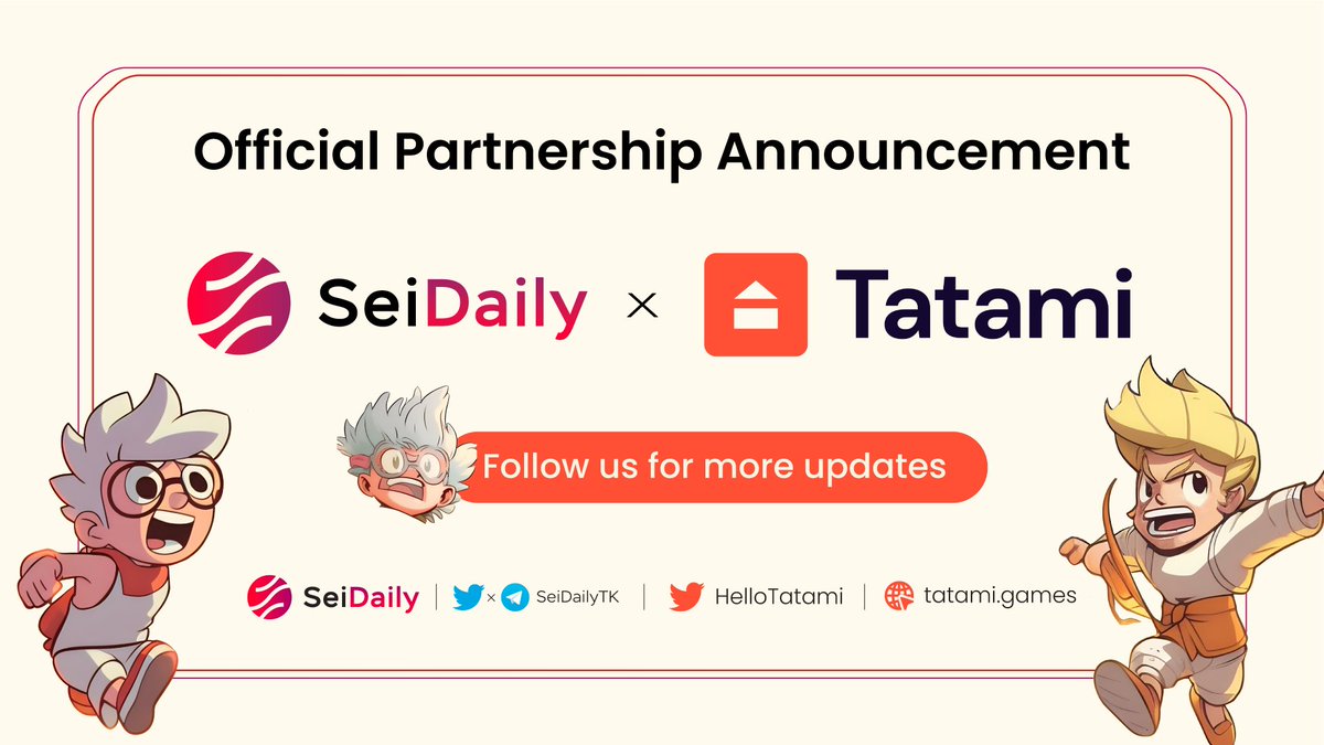 🚀 Exciting news!

🤝 We're excited to team up with @HelloTatami - the ultimate game publisher on @SeiNetwork

🎮 Get ready for a revolution in gaming with #Tatami, the pioneers of Web3-native gaming. Discover a whole new world where games & players unite in a shared ecosystem