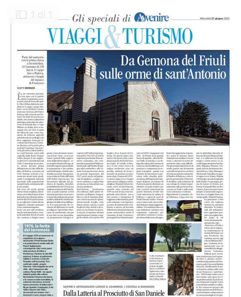 Flavia_Virilli's tweet photo. Su Avvenire di ieri si è parlato del #camminodisantantonio ⚜️

Devozione, storia, sapori e tradizioni tutti da scoprire attraverso i meravigliosi paesaggi che uniscono la pedemontana friulana a quella veneta.

#visitgemona 
#iosonofriuliveneziagiulia https://t.co/As26SZoRDM