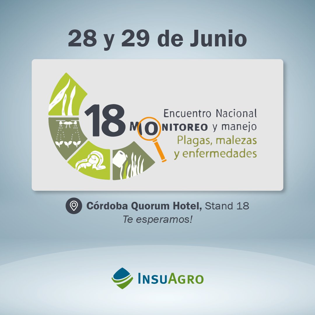 Como cada año durante los últimos 18 años Insuagro dice presente en el 𝗫𝗩𝗜𝗜 𝗘𝗡𝗖𝗨𝗘𝗡𝗧𝗥𝗢 𝗗𝗘 𝗠𝗢𝗡𝗜𝗧𝗢𝗥𝗘𝗢
¿𝗖𝘂𝗮́𝗻𝗱𝗼? 28 y 29 de Junio 📆 de 2023 - ¿𝗗𝗼́𝗻𝗱𝗲?Córdoba Quórum Hotel

Buscanos en el 𝘀𝘁𝗮𝗻𝗱 𝗻𝘂́𝗺𝗲𝗿𝗼 𝟭𝟴