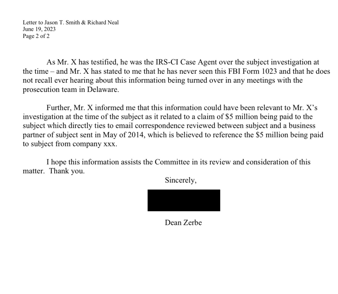 An attorney for the IRS case agent who oversaw the Biden criminal tax investigation told Congress this week that despite running the entire tax case, he was never shown the FBI form 1023 alleging specific bribes to the Biden family paid through foreign businesses.