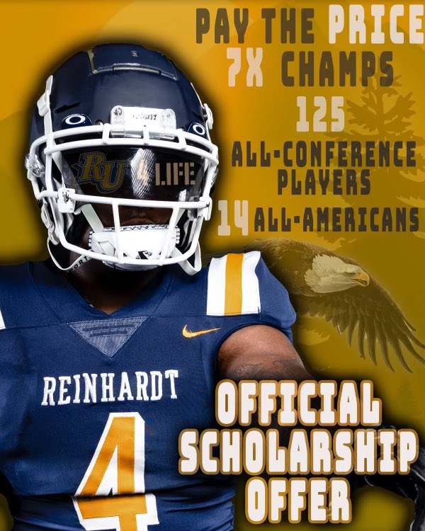 I’m blessed to receive an offer from @ReinhardtFB after attending their camp today. Thanks to all my coaches and teammates for helping me get here‼️@m14free @CoachJoshMack @BCTROJANFB
