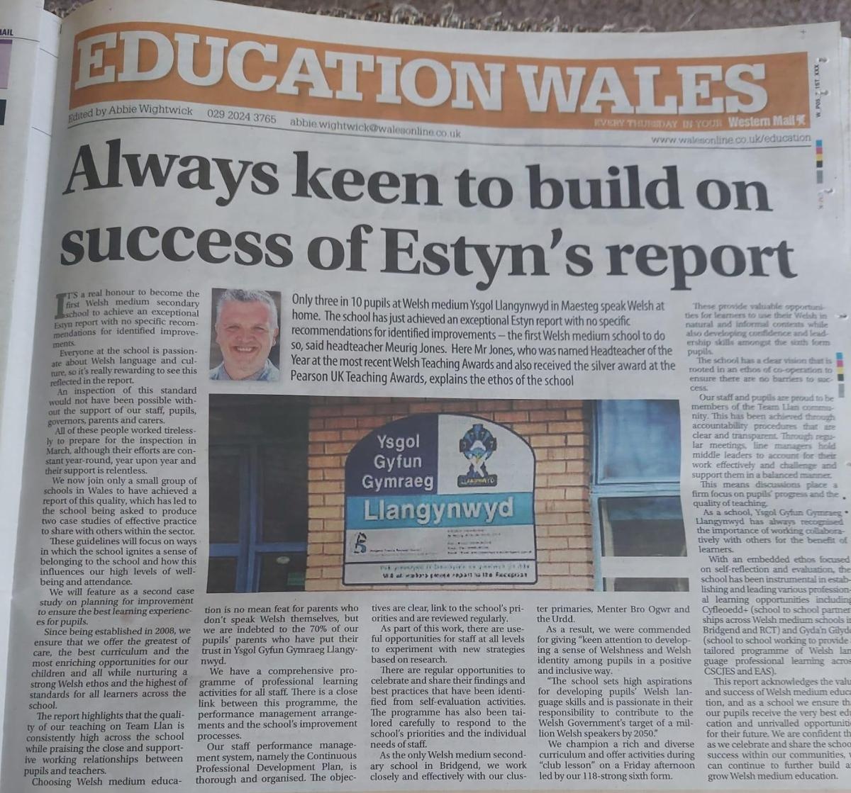 yggllangynwyd's tweet image. Os fyse chi wedi darllen y Western Mail heddiw byse chi wedi dod ar draw erthygl yn rhannu lwyddiant arolwg #TîmLlan 💪
If you've read the Western Mail today you'll have come across an article sharing the success of the #TîmLlan inspection💪
@BridgendCBC 
@CBSPenybont