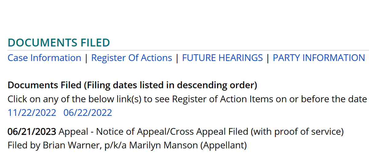 A NOTICE OF APPLEAL HAS JUST BEEN FILED IN MARILYN MANSON VS WOOD & GORE LAWSUIT. SEE IMAGE
#MarilynManson  #EvanRachelWood