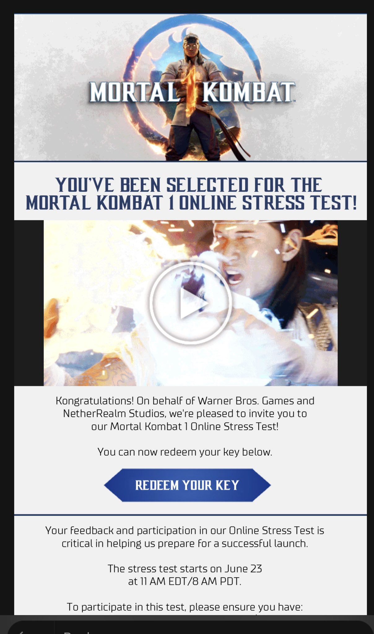 Mortal Kombat 1's online stress test launches next week