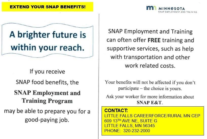 Contact RMCEP Little Falls CareerForce regarding SNAP benefits changing: 

📱 320-232-2000
📍 609 13th Avenue NE • Suite G • Little Falls, MN 56345
Serving #MorrisonCounty.