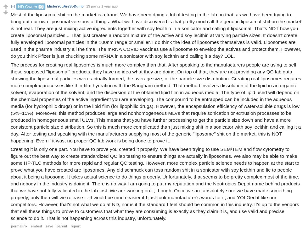 @livevitaeuk Reliable brands are extremely hard to come by. Here's the owner of one of the very few I trust (Nootropics Depot) talking about liposomal supplements. Basically it's all soy lecithin emulsions rather than actual liposomes. I'd be interested in trying a real liposomal vitamin C.