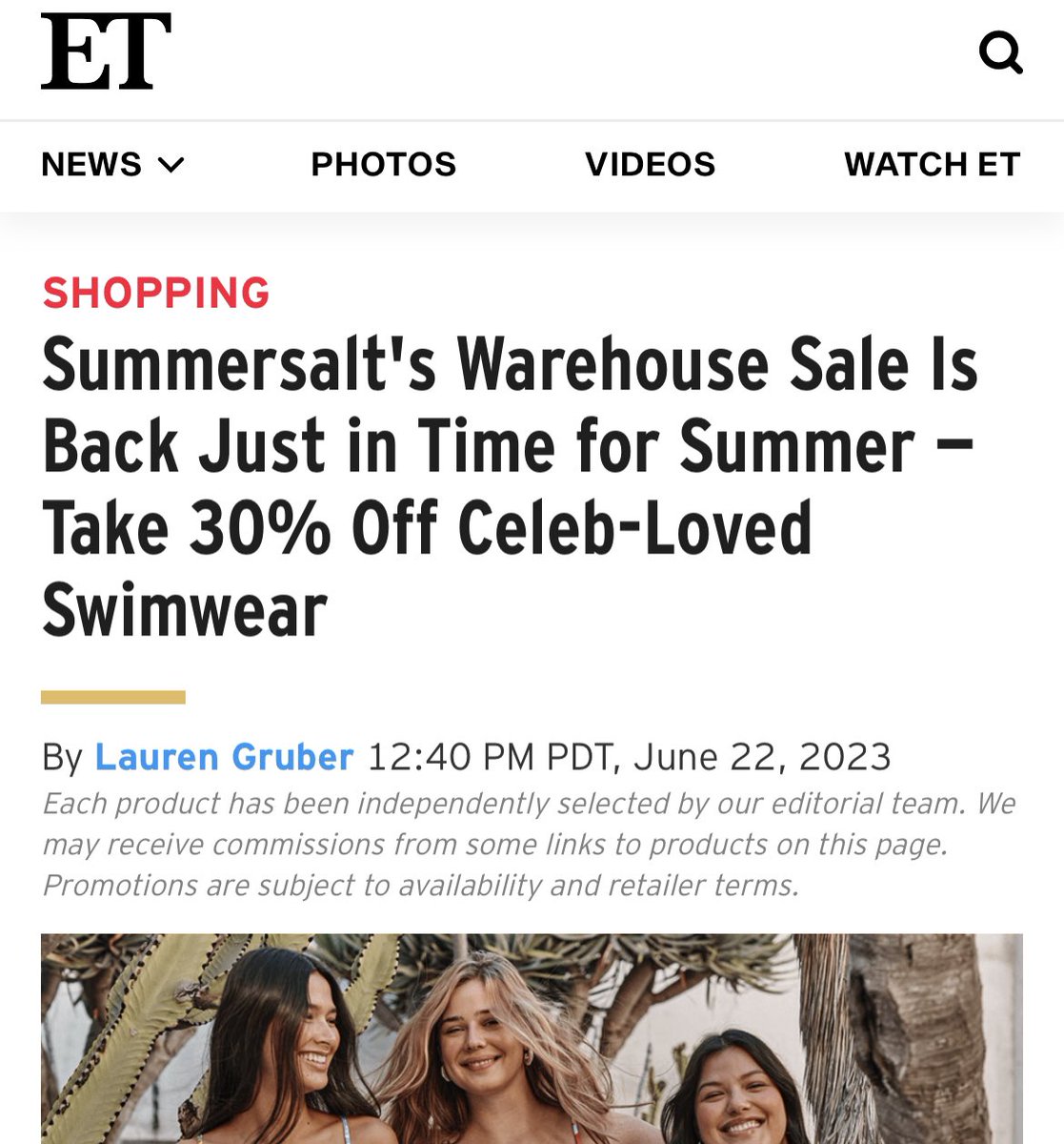 Thank you ET and Lauren Gruber for featuring our 30% off sale in your recent article. ☀️ Read more about our Celeb-Loved Swimwear: etonline.com/summersalts-wa… @loritcoulter @reshmacc