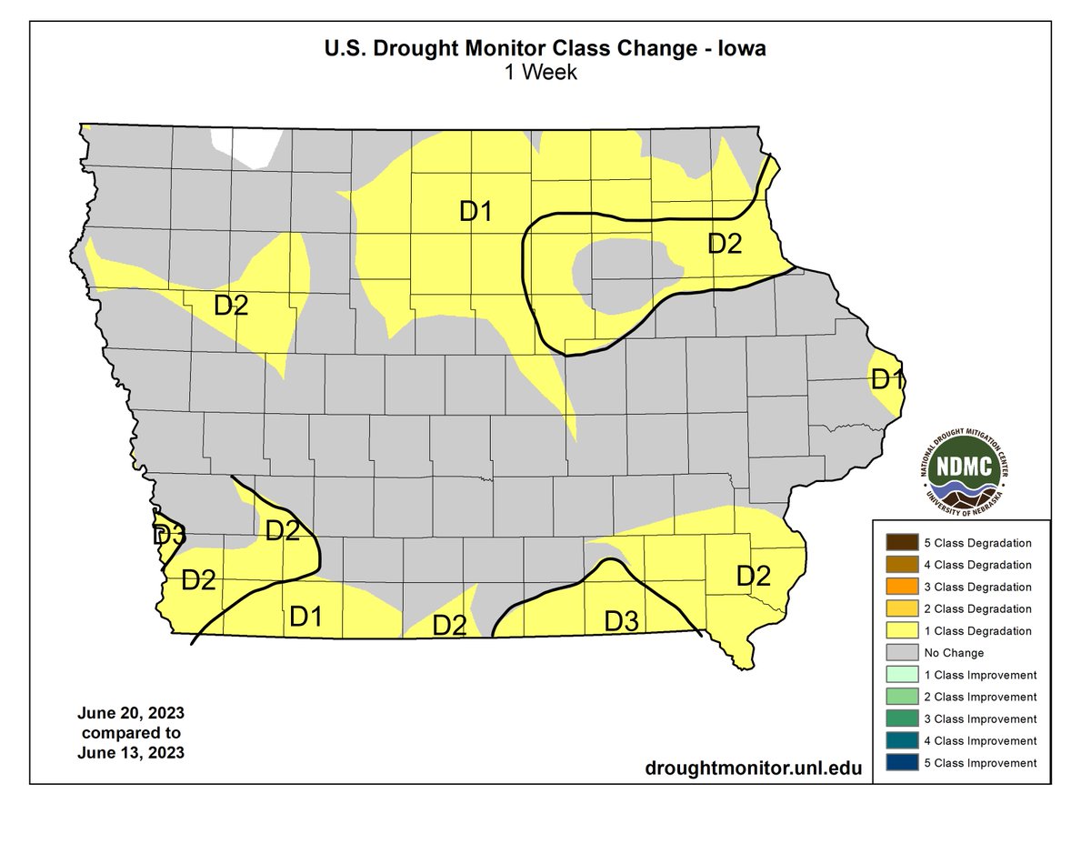 The current #drought23 map released this AM shows continued degradation/expansion of drought across #Iowa. Extreme Drought (D3) is present across SE and western #IA. D1-D3 conditions now cover 83% of the state, the largest extent since Fall 2022. (1/2)  #IowaClimate #grow23