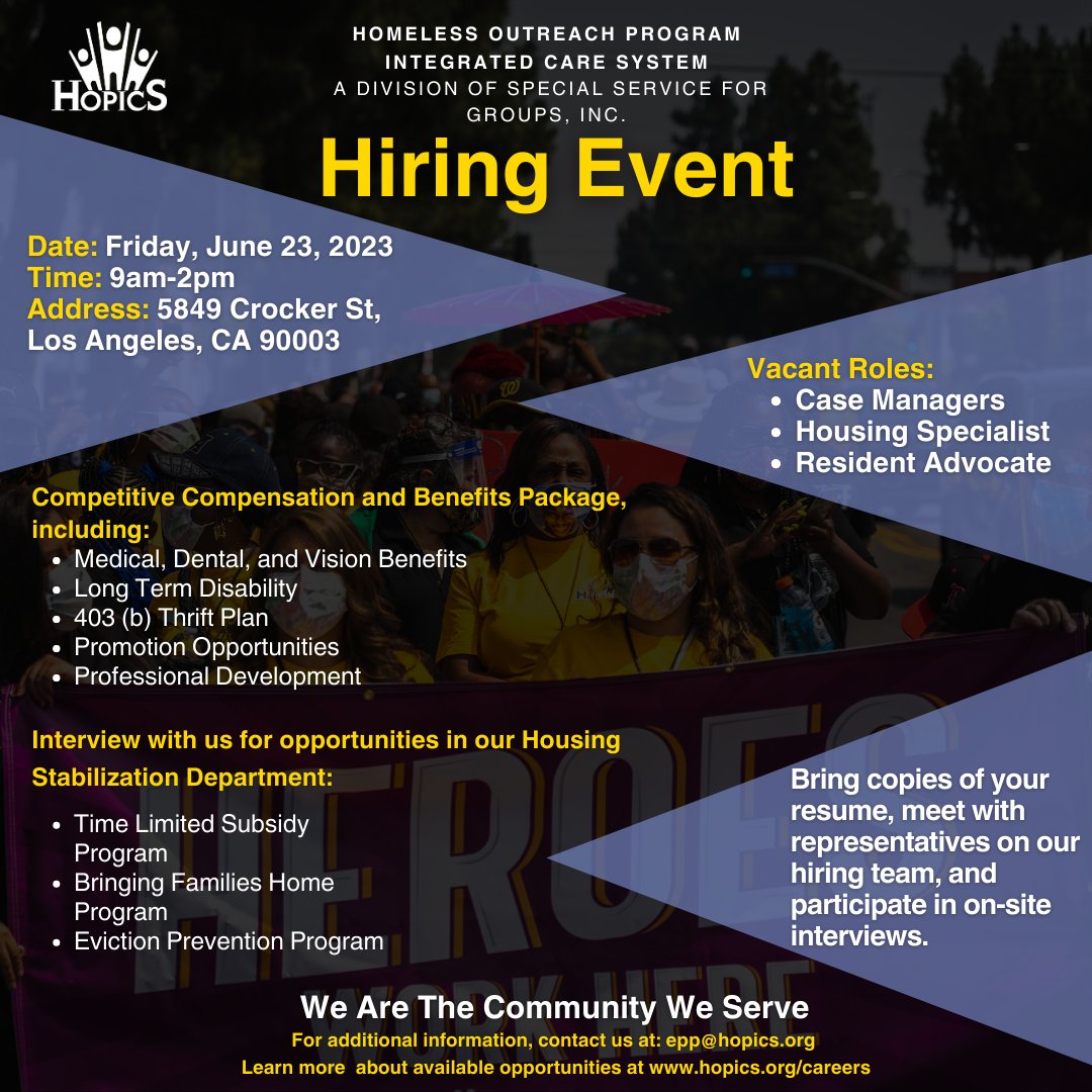 Tomorrow! For those experienced in Case Management, Housing, and Resident Advocacy please come out to interview for our #vacancies at 5849 Crocker Street, Los Angeles CA 90003 at 9am! We are HIRING!
