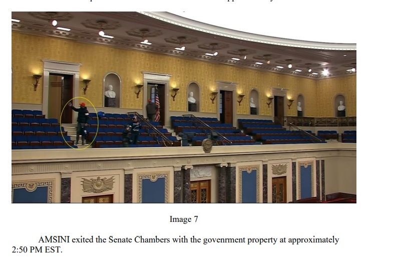 Another US Capitol breach case is unsealed 

(the arrests continue and continue and continue)

In charging documents, Justice Dept alleges Daniel Amsini was inside Senate Chamber on Jan 6... and seen putting "government property into his string bag"