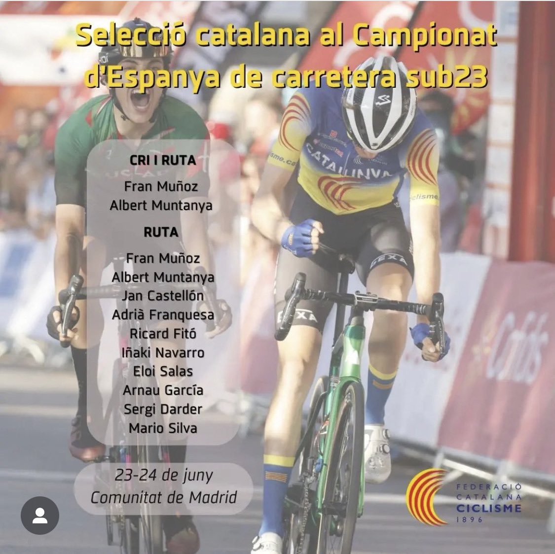 Llegan los #cemadrid23 Campeonatos de España Carretera, Elite Uci-Elite y Sub23.
La <a href="/ciclismecat/">Federació Catalana de Ciclisme</a> ha convocado para disputar la prueba Sub23 a los corredores @elopro02 y <a href="/arnaugarcix/">Arnau Garcia Sanchez</a>