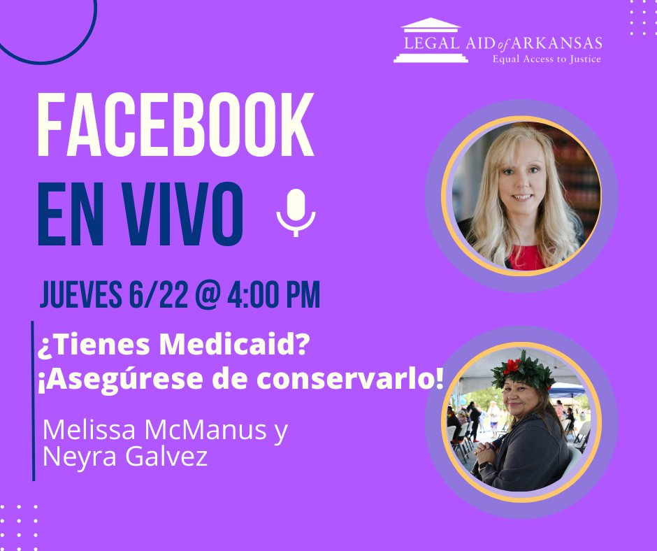 ¿Tienes Medicaid? ¡Asegúrese de conservarlo!

Únase a nuestro Facebook Live hoy a las 4 pm en nuestra página de Facebook para aprender sobre Medicaid.

Más de 140,000 habitantes de Arkansas han perdido la cobertura de Medicaid este año.

#ARmedicaid #legalaidofarkansas