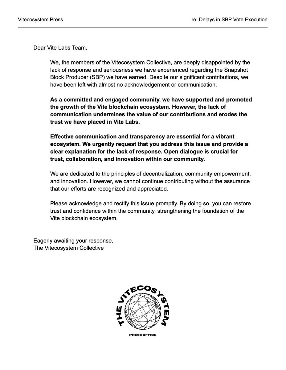 vitecosystem's tweet image. Release from the Vitecosystem Press Office.

Message approved by the Vitecosystem Collective.