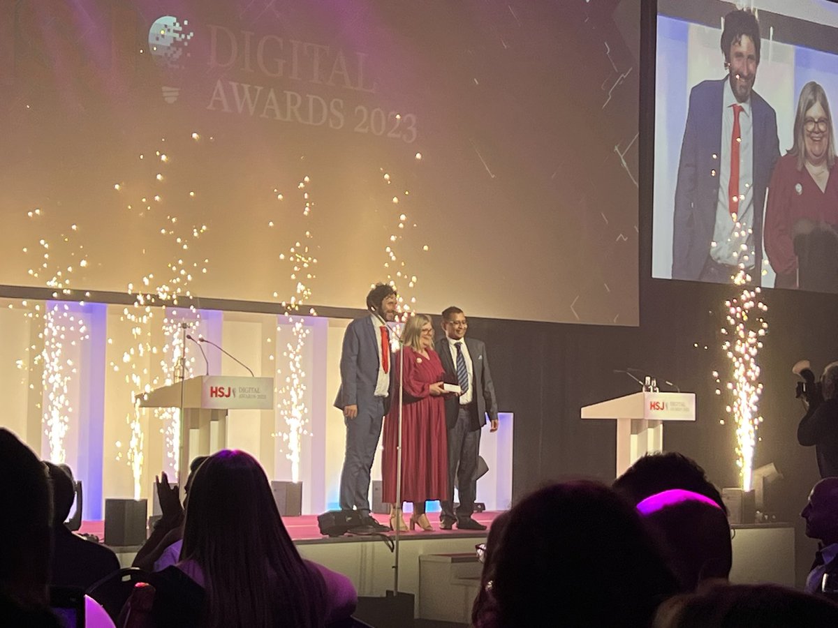 <a href="/NHS_LLR/">NHS Leicester, Leicestershire and Rutland</a> win the #HSJDigitalAwards for Replicating Digital Best Practice award <a href="/rmmarsh_marsh/">Rachel Marsh</a> collects the well deserved award including fireworks! <a href="/Leic_hospital/">Leicester's Hospitals</a> <a href="/Clinitouch/">Clinitouch by Spirit Health</a>
