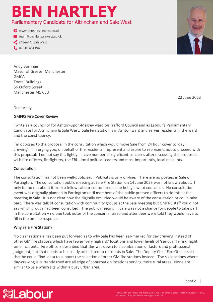 BenHartleyAOM's tweet photo. Today I've written to @MayorofGM to express strong opposition to the GMFRS proposal to move Sale Fire Station from 24 hr cover to daytime crewing. Consultation inadequate, data and rationale do not stack up and increased response times for residents are not acceptable. https://t.co/1Xvj4Ut5KS