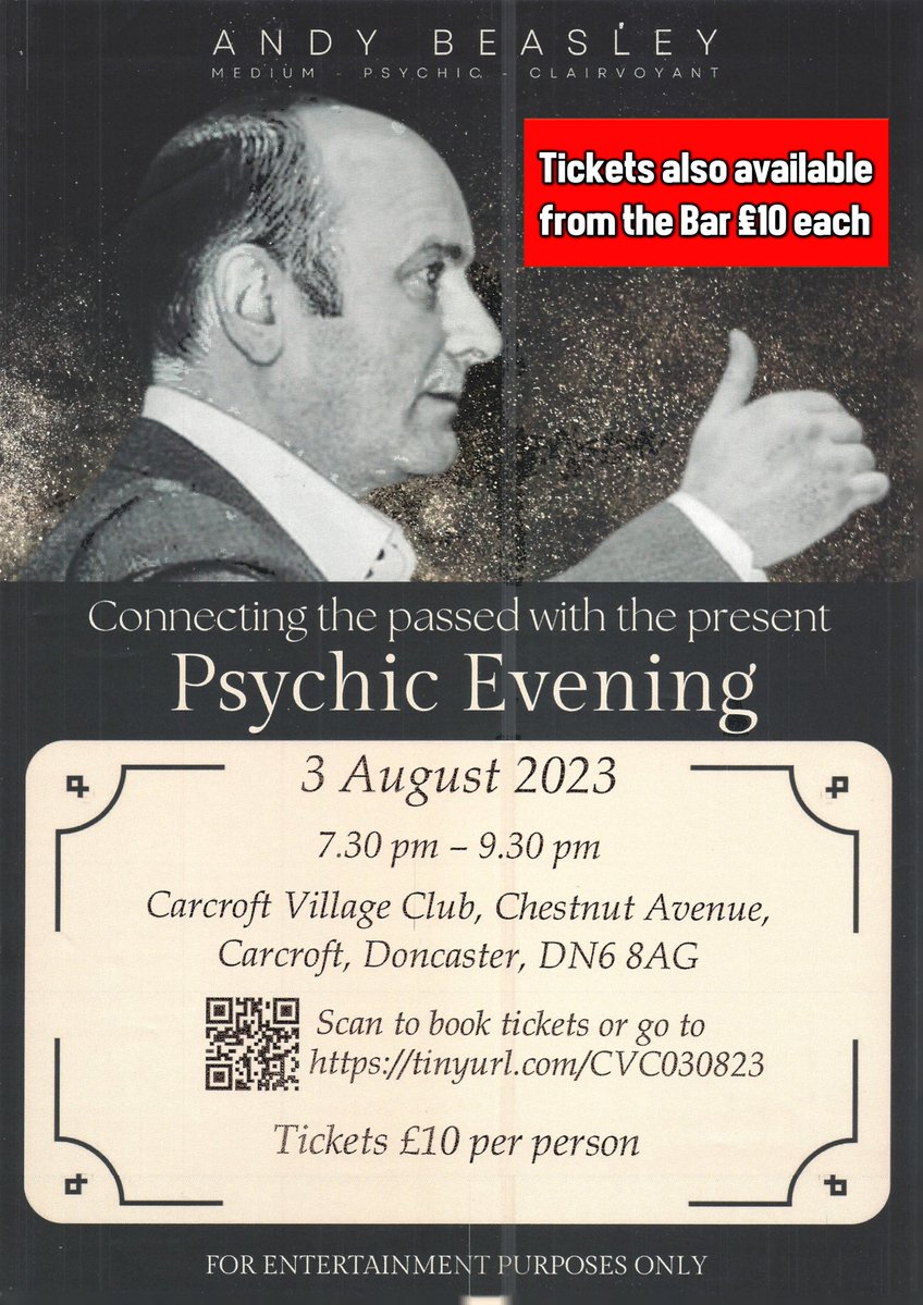 Coming Thu 3rd Aug, a PYSCHIC EVENING with ANDY BEASLEY - connecting the passed with the present. Get your tickets from behind the bar or online here tinyurl.com/CVC030823 before they all go. £10 each.  Thursday 3rd August 7.30pm to 9.30pm.