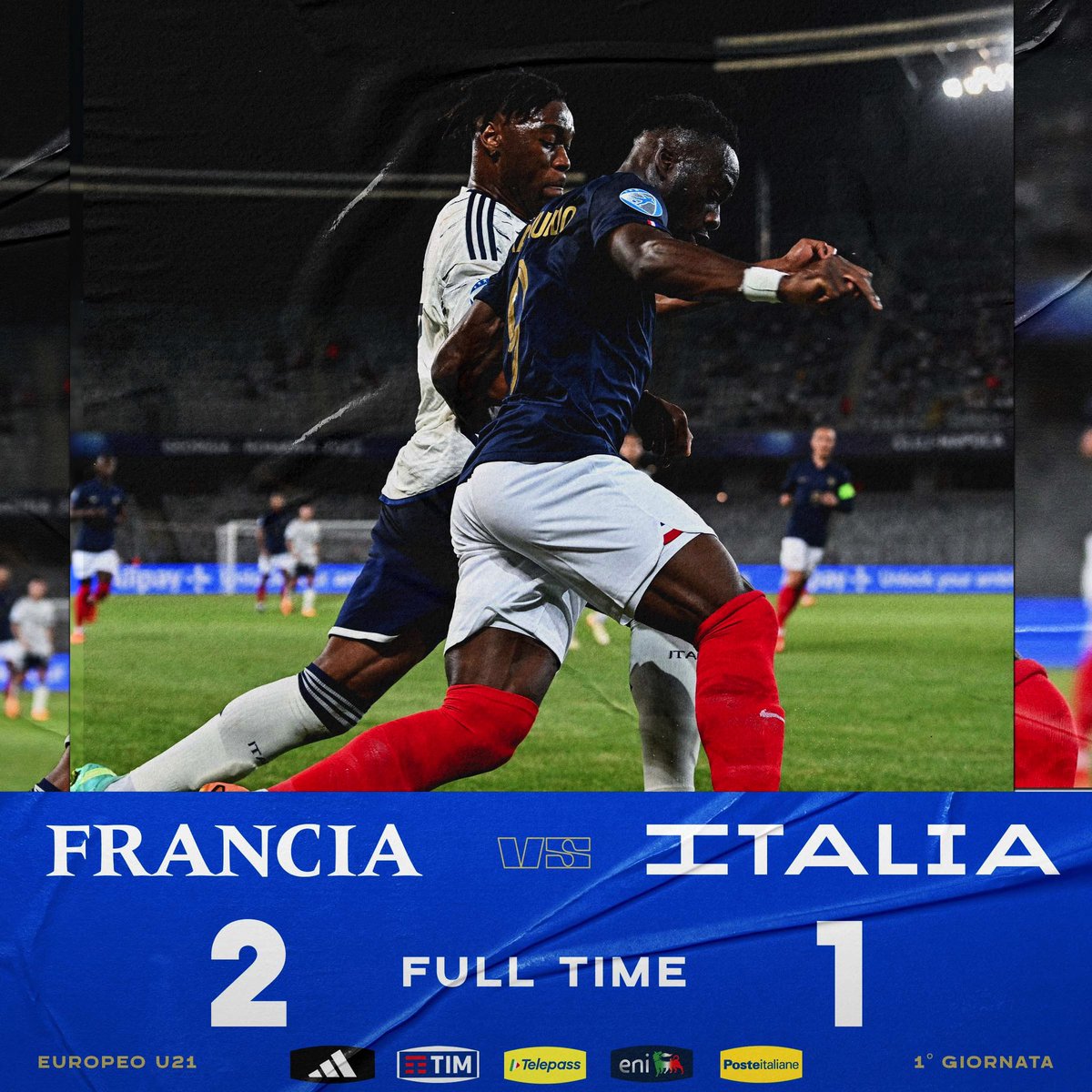 ⏱️Risultato finale 

🇫🇷🇮🇹 #FranciaItalia 2️⃣-1️⃣
⚽️ Kalimuendo 23’, #Pellegri 36’, Barcola 62’

#U21EURO #U21 #Azzurrini #VivoAzzurro
