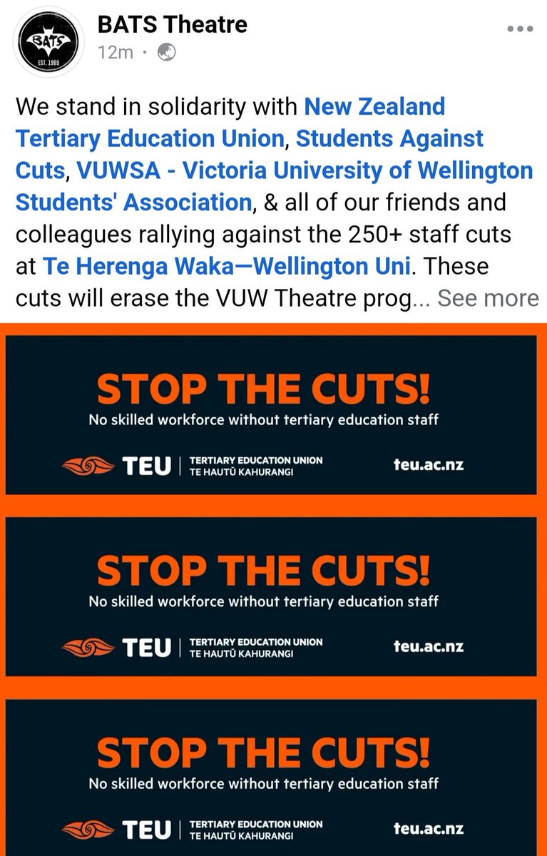 Thank you <a href="/BATS_Theatre/">BATS Theatre</a> for standing in solidarity with theatre at Vic. BATS warn: "These cuts will erase the VUW Theatre Programme as we know it, and severely impact the future of our theatre industry in Aoteaora". #saveVUW #saveVUWtheatre