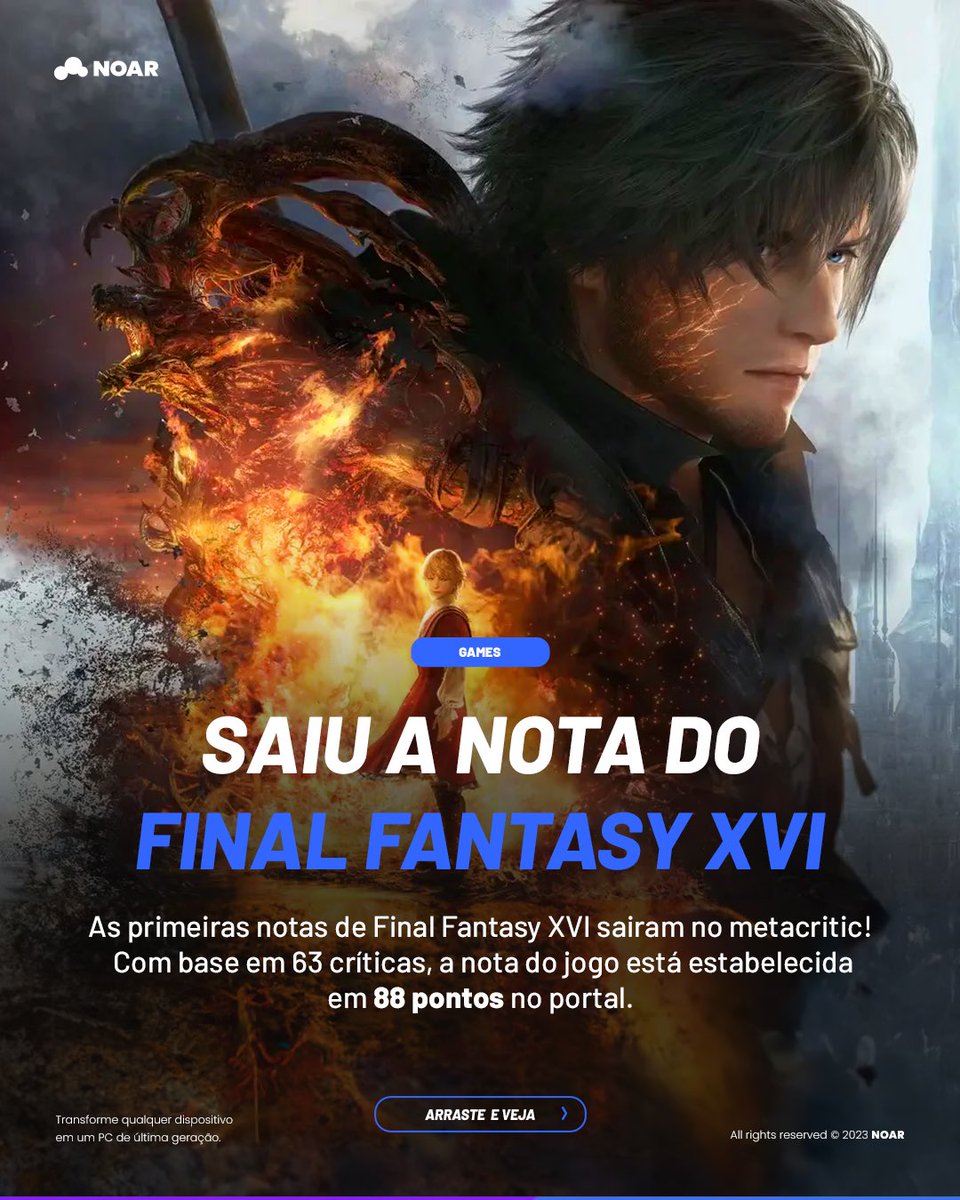 noarcloud's tweet photo. Se liga nas notas super altas do novo Final Fantasy XVI!!! Você esta animado pra jogar?? Comenta ai! 😎
#Noarcloud #Cloudpc #Cloudtechnology #Cloudgaming #noarunit https://t.co/KlpRVqHCgu