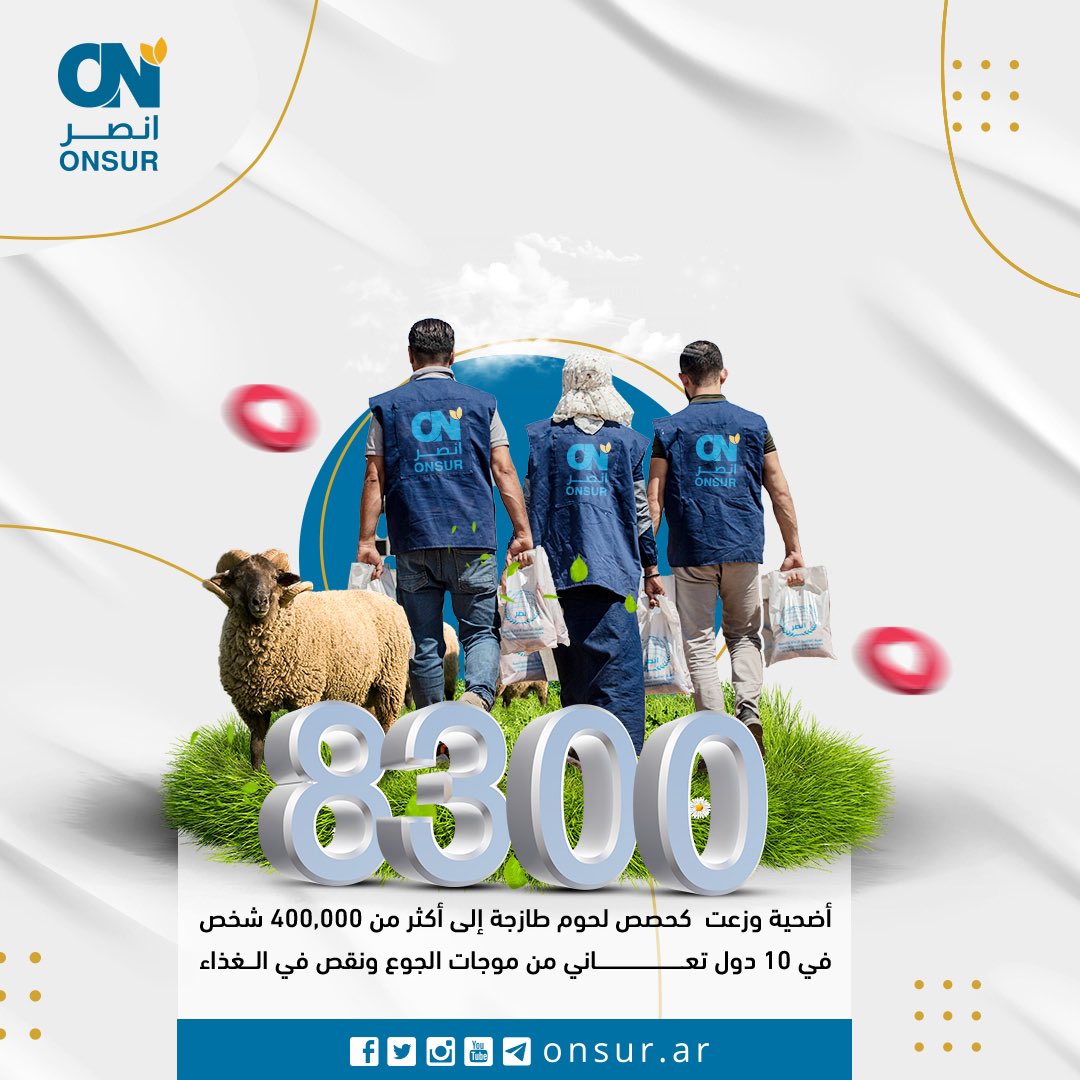 OnsurAr's tweet photo. 8300 أضحية وزعت كحصص لحوم طازجة لمستحقيها.
 أكثر من 400,000 شخص في استفادوا من حملة الأضاحي 2022 – 1443 حيث كانت لهم بهجة و سعادة.
شملت الحملة 10 دول , ونطمح  للوصول إلى شريحة أكبر من المستحقين والمستفيدين في حملة الأضاحي 2023 بعون الله ثم بتبرعاتكم .

#أضاحي #أضحيتك_للاجئين https://t.co/eQKwTgfZ1h