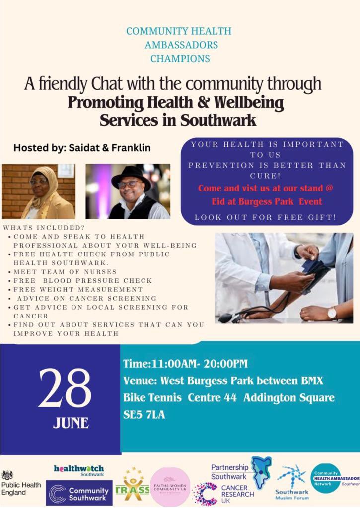 Look forward to a friendly chat with our community health ambassador champions, Saidat and Franklin, at our Southwark Eid-Ul-Adha 2023 event. 🙌🏾🎊