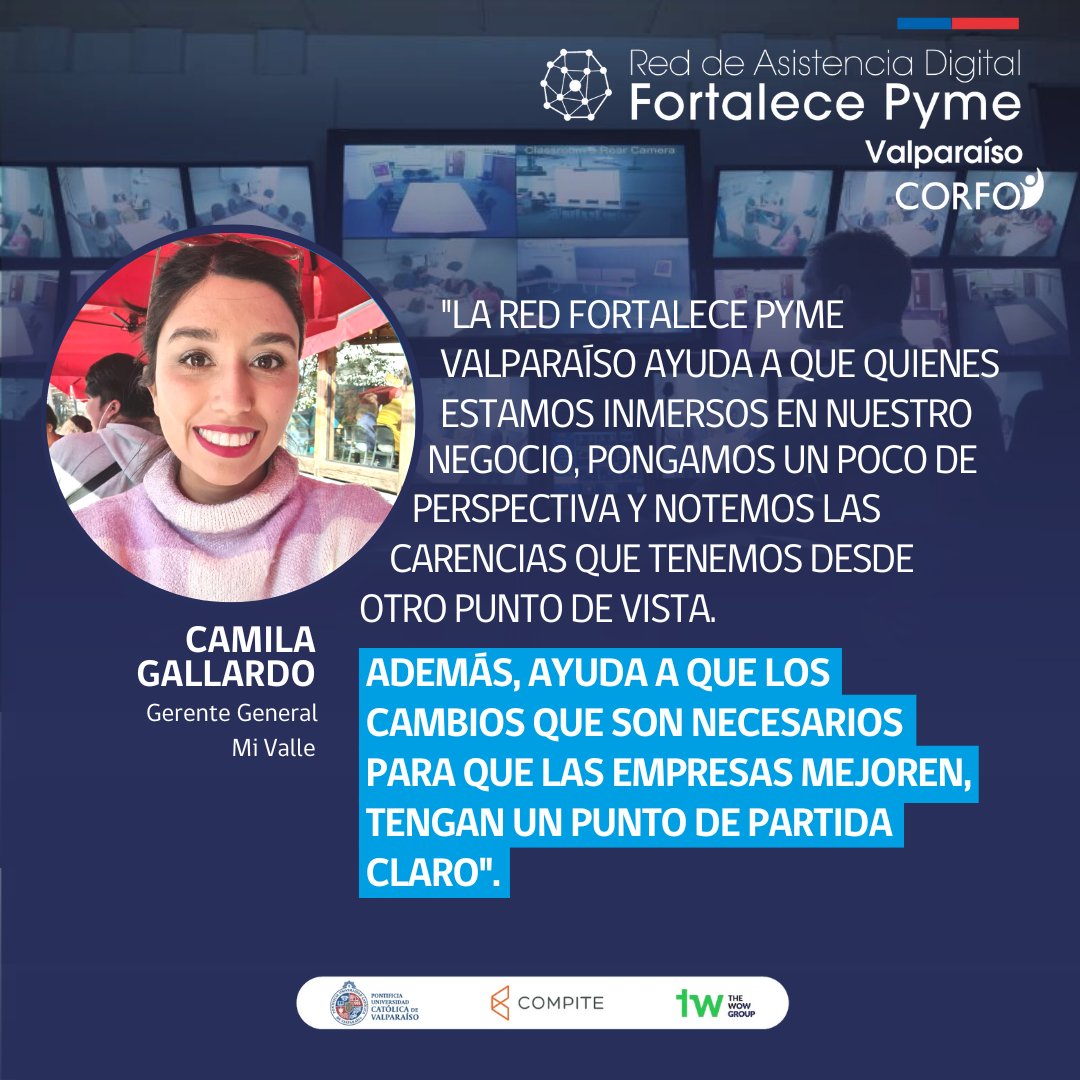 Camila Gallardo, Gerente General de #MiValle y beneficiaria #FPymeValparaíso, destacó que el trabajo realizado por la Red ayuda a que las pymes puedan ver sus oportunidades de mejora en la #Digitalización📲

¡Gracias por confiar en nuestro equipo para tu #TransformaciónDigital!🚀